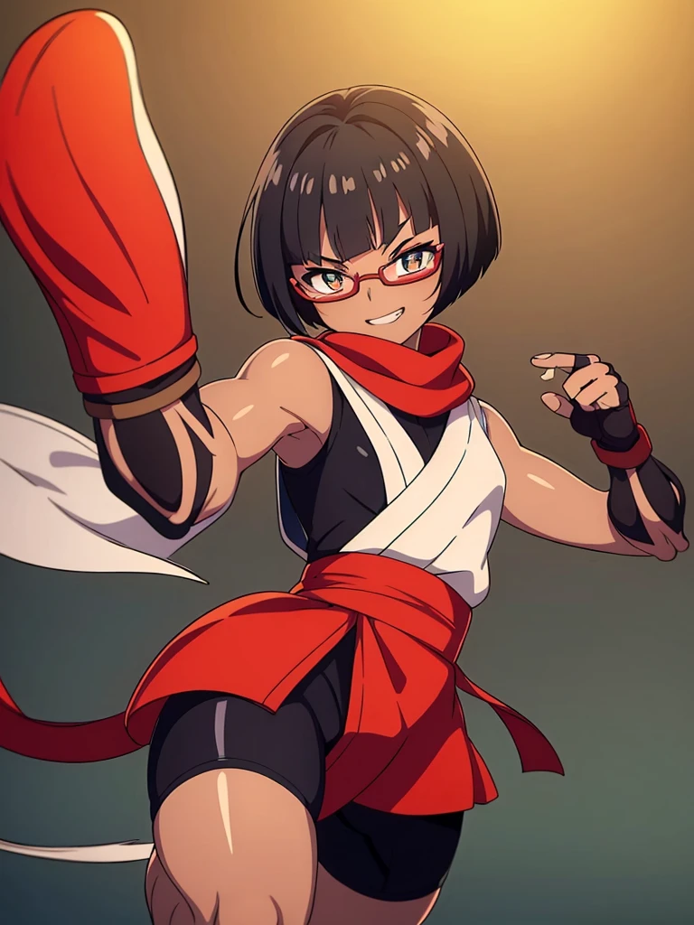 (flat chest), (masterpiece:1.2), highest quality, High resolution, unity 8k wallpaper, (fine and beautiful eyes:1.6), highly detailed face, perfect lighting, Detailed CG, (perfect hands, perfect anatomy), (1 japanese female:1.4), 20 years old,( black hair:1.3), extremely beautiful detailfeminine face and eyes, (grin smile), detailed eyes, best quality,( dark skin:1.8), extremely detailed, very precise detailed,(glasses:1.3), (blunt bangs:1.3), open mouth, (very short pixie cut:1.2), (geta:1.2),(fingerless gloves:1.5), half closed eyes,long sidelocks,(long red Scarf:1.3),(sleeveless yukata), (fight stance:1.5),(high kick:1.6),(bike_shorts:1.4),