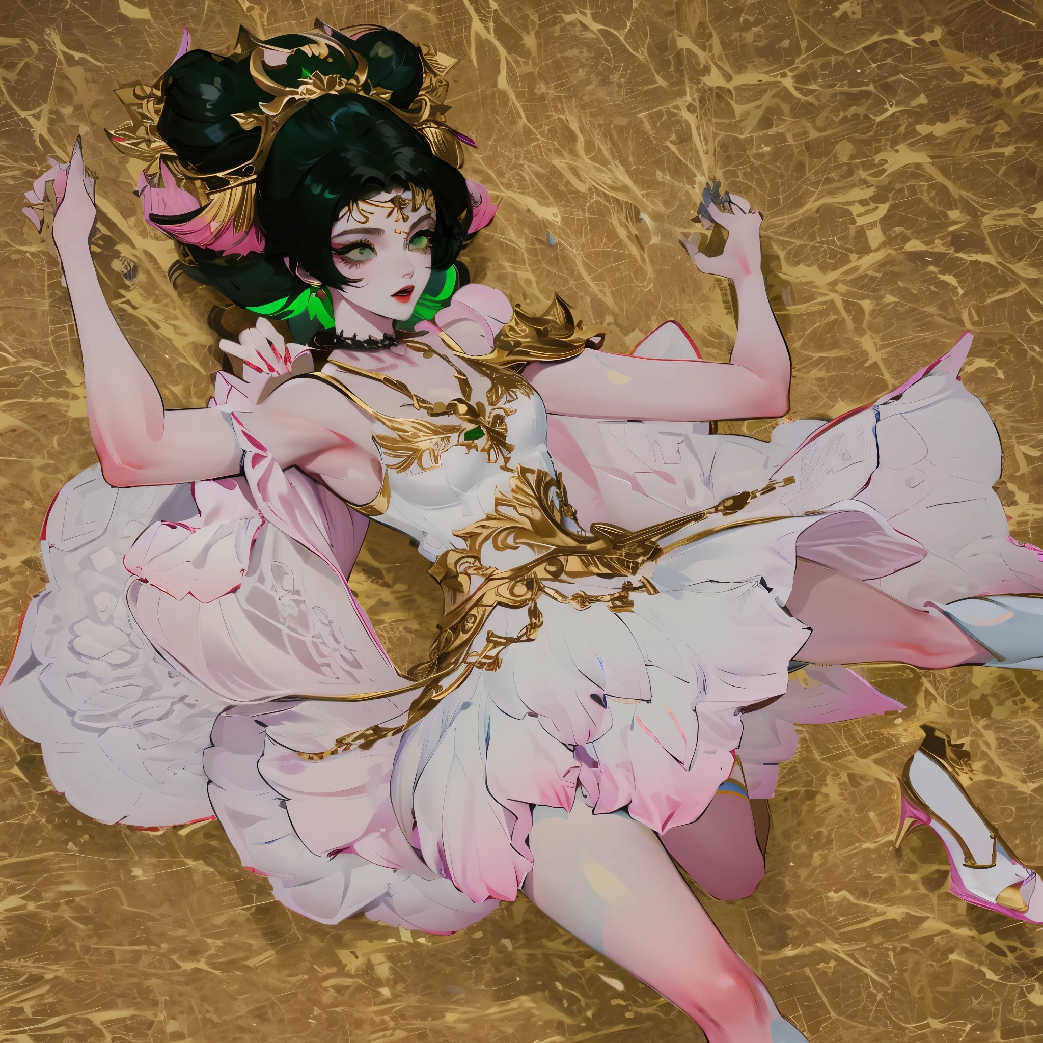 A gypsy with green eyes and black hair, White top with gold medal and red skirt with ruffles, Shell necklace.