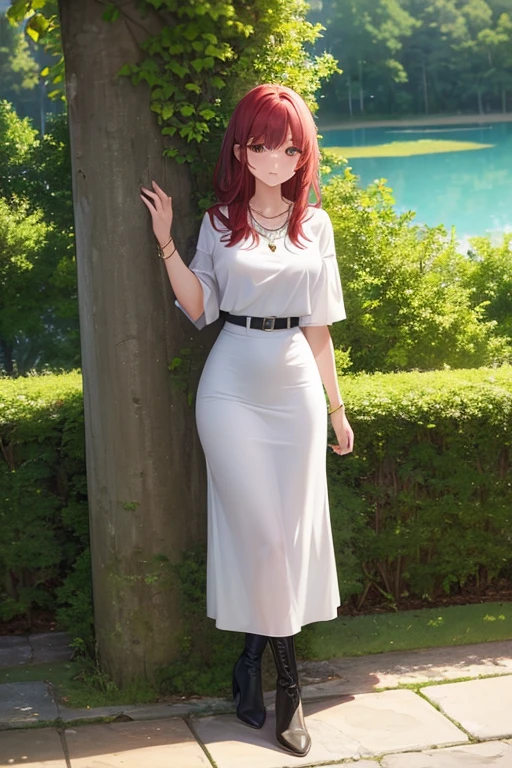 ((masterpiece, best quality)), 1girl, beautiful woman, white blouse, necklace, bracelet, black midi pencil skirt, black boots, full body, red hair, tree, leaves, summer, stone wall, lake, hand on hip