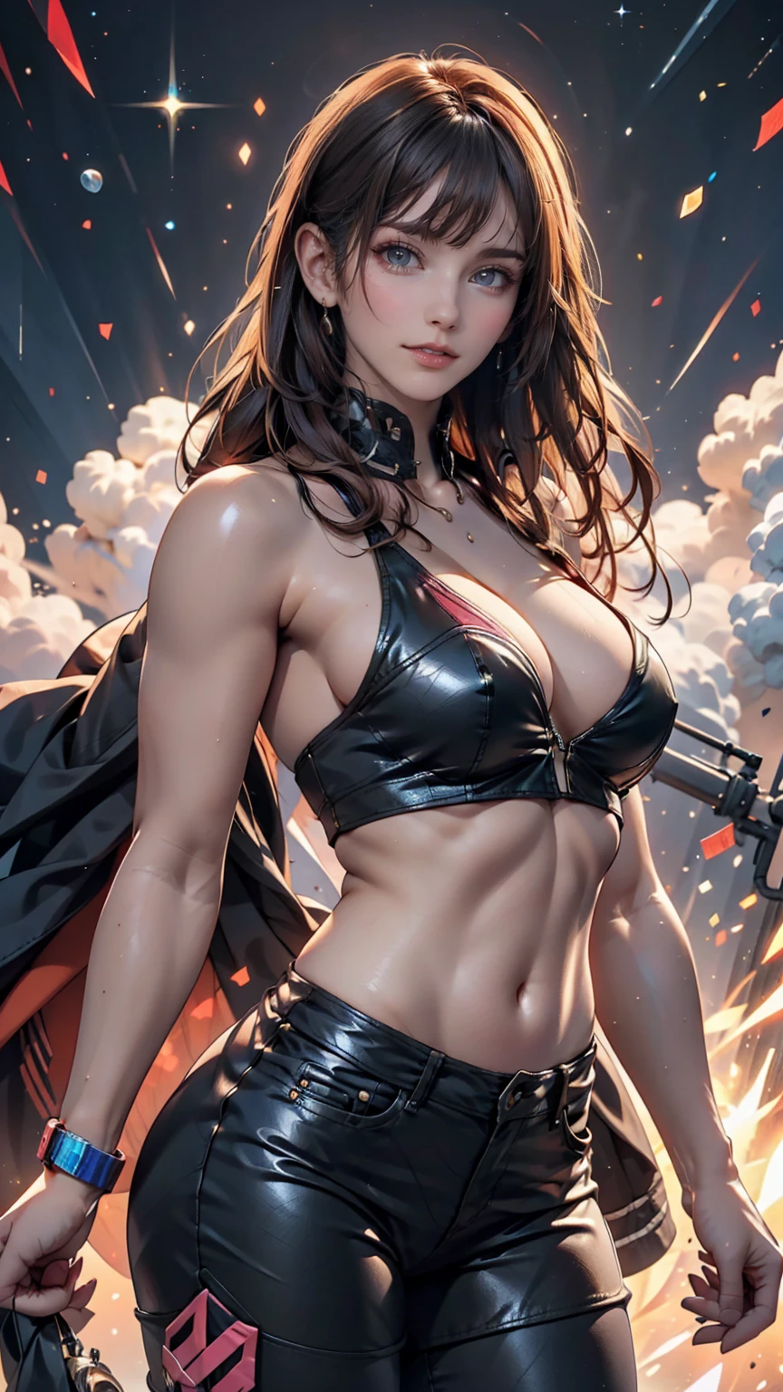 god, Almighty Creator of the Universe, Bigger than all the galaxies, A highly detailed diagram of a super-giant cloud of energy in the middle of the universe, Hyper Sharp, Ultra-realistic, Complex, 32K, Photorealism Style、24-year-old woman、Sexy proportionature female body、Sexy proportionakeup、Textured skin((textured skin))、smile、Narrow waist