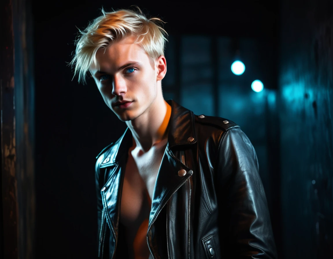 Hyper realistic, dark vibes, solo, young man, facing camera, 22 years, pale skin, model (skinny:1.2), blue eyes, (short messy ivy league textured blond hair:1.2), side swept fringe, black leather jacket, holding sharp knife, dark lighting, background (night BDSM club:1.2), foreboding, sexy, attractive, demon, incubus, evil, dark, sadistic expression (smirk:1.1), (red neon sign din background "CONTEXT":1.2)