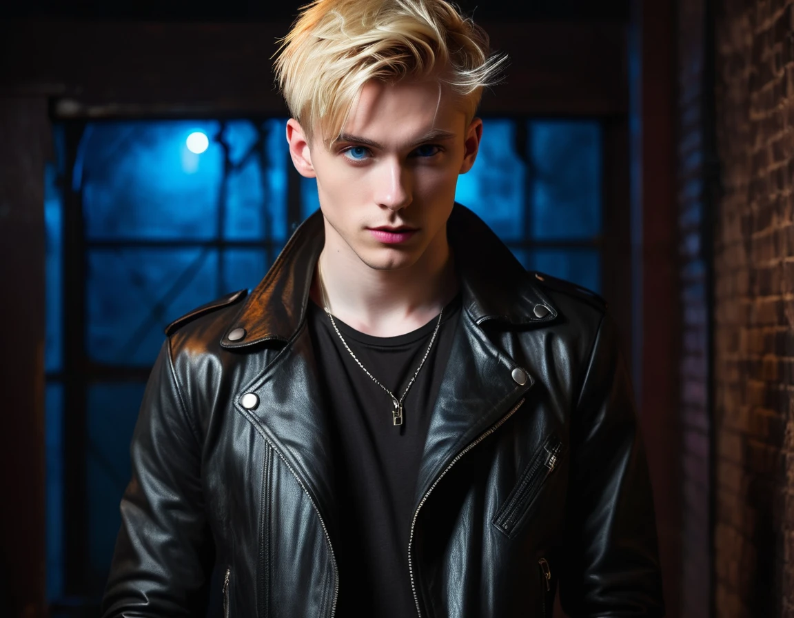 Hyper realistic, dark vibes, solo, young man, facing camera, 22 years, pale skin, model (skinny:1.2), blue eyes, (short messy ivy league textured blond hair:1.2), side swept fringe, black leather jacket, holding sharp knife, dark lighting, background (night BDSM club:1.2), foreboding, sexy, attractive, demon, incubus, evil, dark, sadistic expression (smirk:1.1), (red neon sign din background "CONTEXT":1.2)
