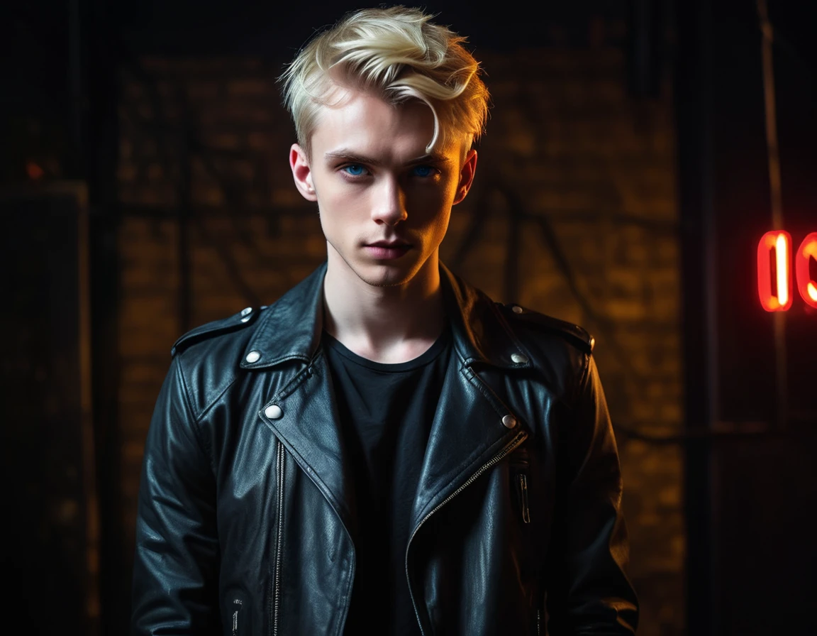 Hyper realistic, dark vibes, solo, young man, facing camera, 22 years, pale skin, model (skinny:1.2), blue eyes, (short messy ivy league textured blond hair:1.2), side swept fringe, black leather jacket, holding sharp knife, dark lighting, background (night BDSM club:1.2), foreboding, sexy, attractive, demon, incubus, evil, dark, sadistic expression (smirk:1.1), (red neon sign din background "CONTEXT":1.2)