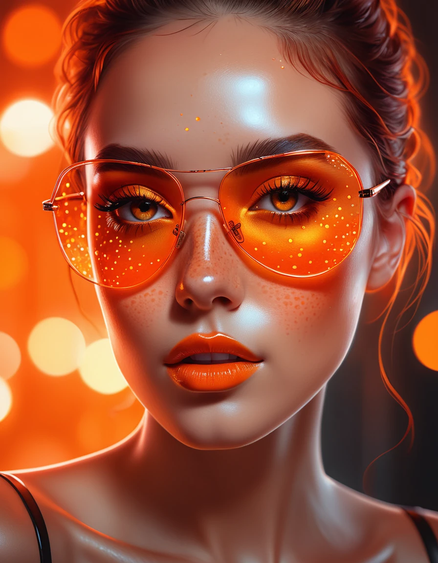 A full head image of a woman adorned with freckles and a glass shades, featuring beautiful digital artwork with red glowing skin, realistic digital art in 4K, seductive glowing sleepy orange eyes, and an 8K resolution. This stunning digital illustration showcases a glossy digital painting technique, a face aglow with an orange hue, complemented by an Artgerm bokeh effect, and a radiant red and orange glow. best quality masterpiece