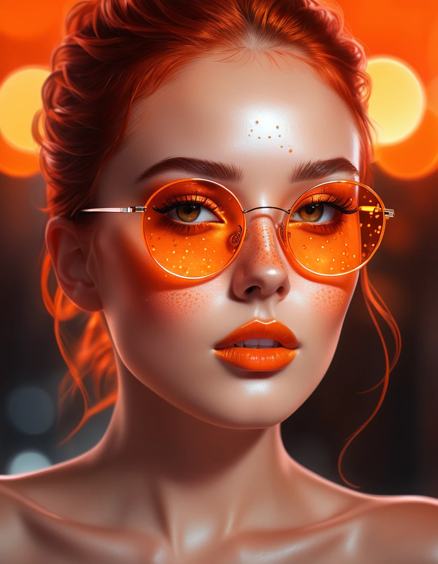 A full head image of a woman adorned with freckles and a glass shades, featuring beautiful digital artwork with red glowing skin, realistic digital art in 4K, seductive glowing sleepy orange eyes, and an 8K resolution. This stunning digital illustration showcases a glossy digital painting technique, a face aglow with an orange hue, complemented by an Artgerm bokeh effect, and a radiant red and orange glow. best quality masterpiece
