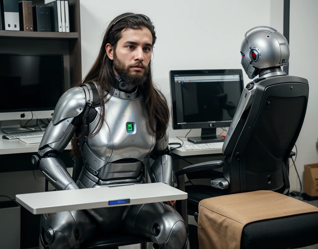 An ultra-Orthodox Jewish man with a short and impressive beard without a suit and without a hat, sits on a fancy office chair, and looks with pleasure and satisfaction at a beautiful human-shaped robot, which means a body with a head, stomach, arms and legs, but of a robot that will look like a clear machine. The entire body of the robot is made of molded plastic and wires and a few irons. The robot finishes drawing an amazing work on the computer screen, so that the computer screen basically becomes the robot's drawing board, on the side of the computer table there are two used coffee cups and another half-full third cup, the man touches the half-full cup with one hand, the robot is already tired and yawns from exhaustion, the picture realistic and creates an amazing optical feeling and all within a luxurious office