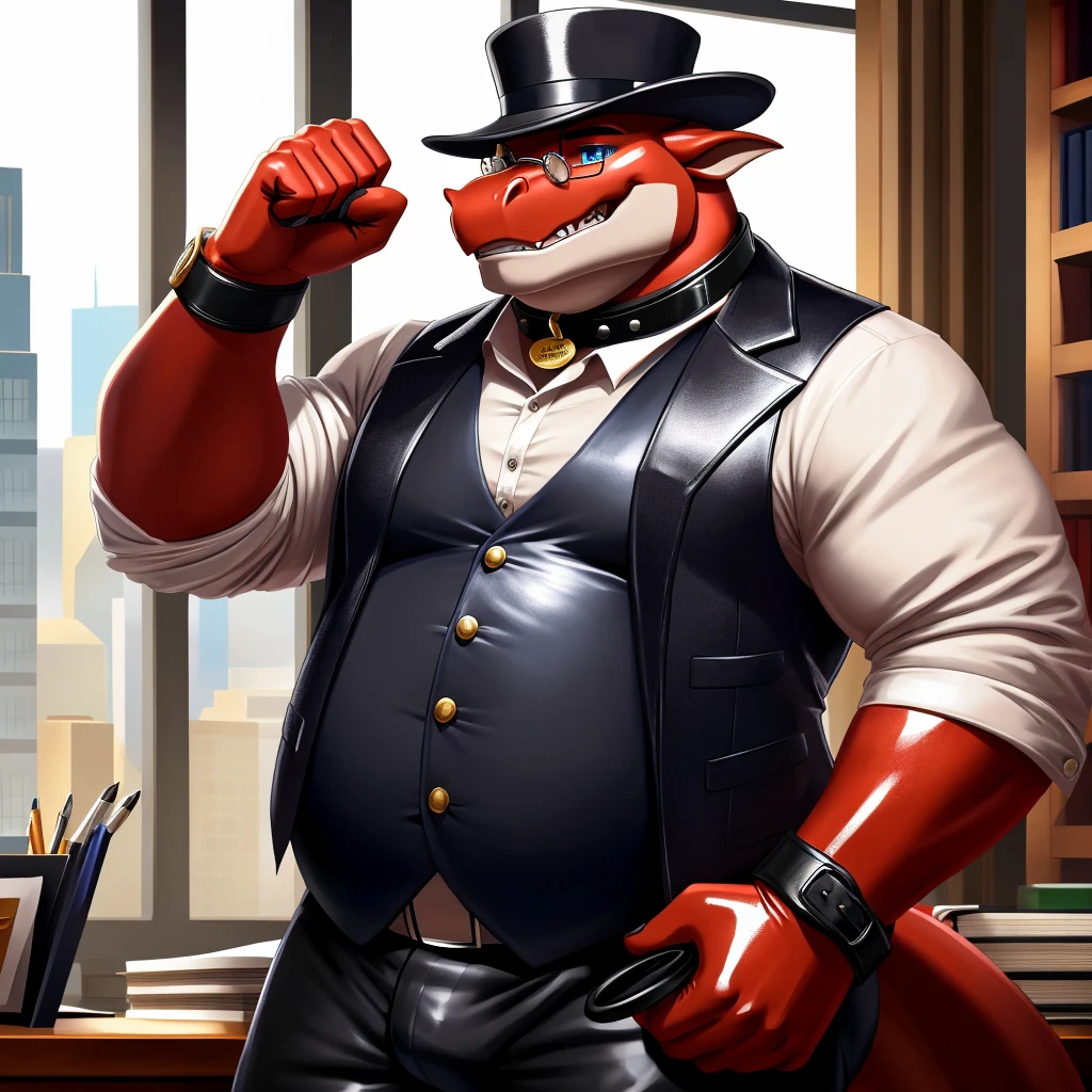 Solo, Male, fat, extremely obese, gentleman, dapper Professor Dragon, mob boss, blue eyes, (posing:1.3), (soft shading), 4k, hi res, ((detailed face, detailed)), looking at viewer, mouth wide open, dapper clothing, collared shirt with buttons, bowler hat, male focus, Explorer Outfit, glasses, monocle, vest with buttons, sleeves rolled up, round eyewear, brown headwear, brown vest, office, Dragon is wearing a glossy leather dog collar around the neck, Dragon is wearing the leather collar and shirt and vest at the same time, Dragon is wearing glossy white rubber gloves on the hands, wearing white rubber gloves on the feet, gloves are rubber in texture, clenching teeth, clenching fists, leather collar is glossy and shiny with a lot of detail, Dragon is wearing gloves and leather collar at the same time, leather collar has a round dog-tag, leather collar is thick and detailed, leather collar is glossy and shiny, fancy clothing, dapper vest, dapper shirt, leather collar is thick, glossy leather collar.