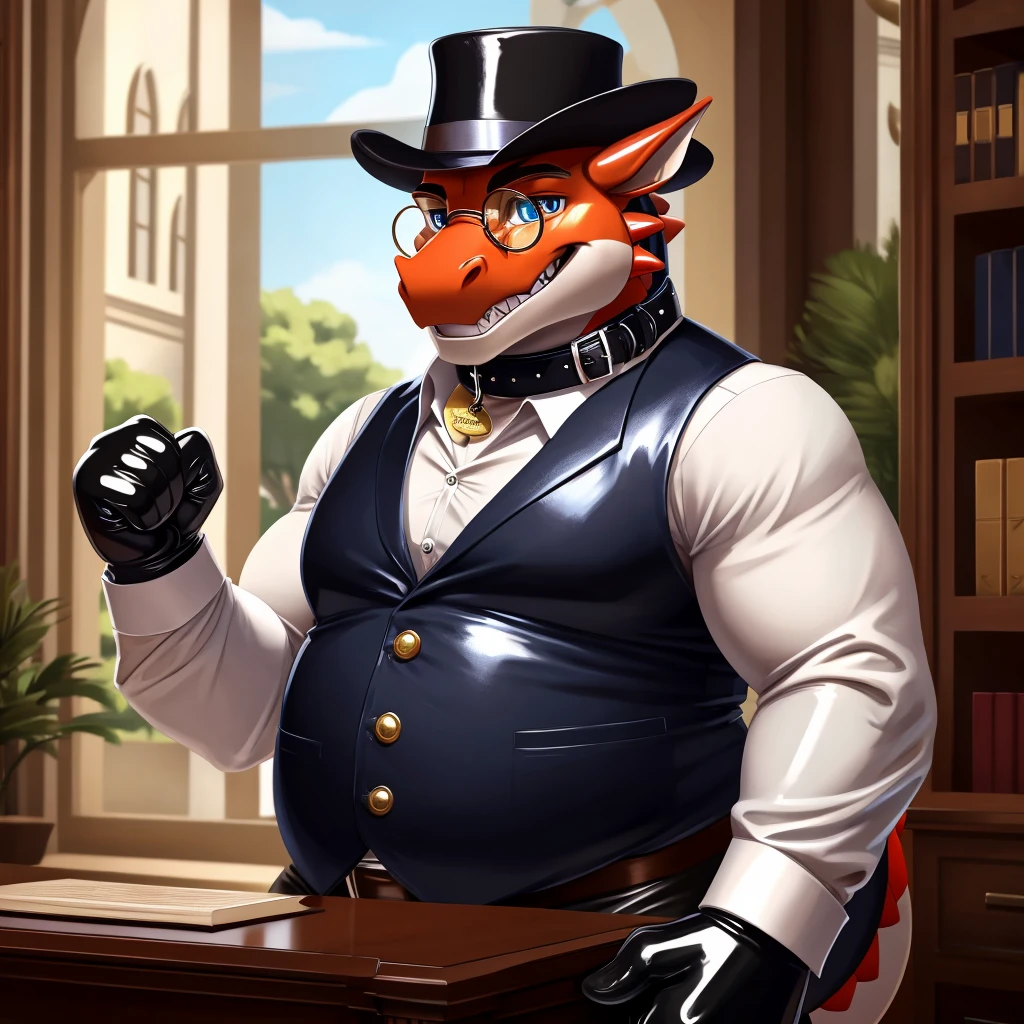Solo, Male, fat, extremely obese, gentleman, dapper Professor Dragon, mob boss, blue eyes, (posing:1.3), (soft shading), 4k, hi res, ((detailed face, detailed)), looking at viewer, mouth wide open, dapper clothing, collared shirt with buttons, bowler hat, male focus, Explorer Outfit, glasses, monocle, vest with buttons, sleeves rolled up, round eyewear, brown headwear, brown vest, office, Dragon is wearing a glossy leather dog collar around the neck, Dragon is wearing the leather collar and shirt and vest at the same time, Dragon is wearing glossy white rubber gloves on the hands, wearing white rubber gloves on the feet, gloves are rubber in texture, clenching teeth, clenching fists, leather collar is glossy and shiny with a lot of detail, Dragon is wearing gloves and leather collar at the same time, leather collar has a round dog-tag, leather collar is thick and detailed, leather collar is glossy and shiny, fancy clothing, dapper vest, dapper shirt, leather collar is thick, glossy leather collar.