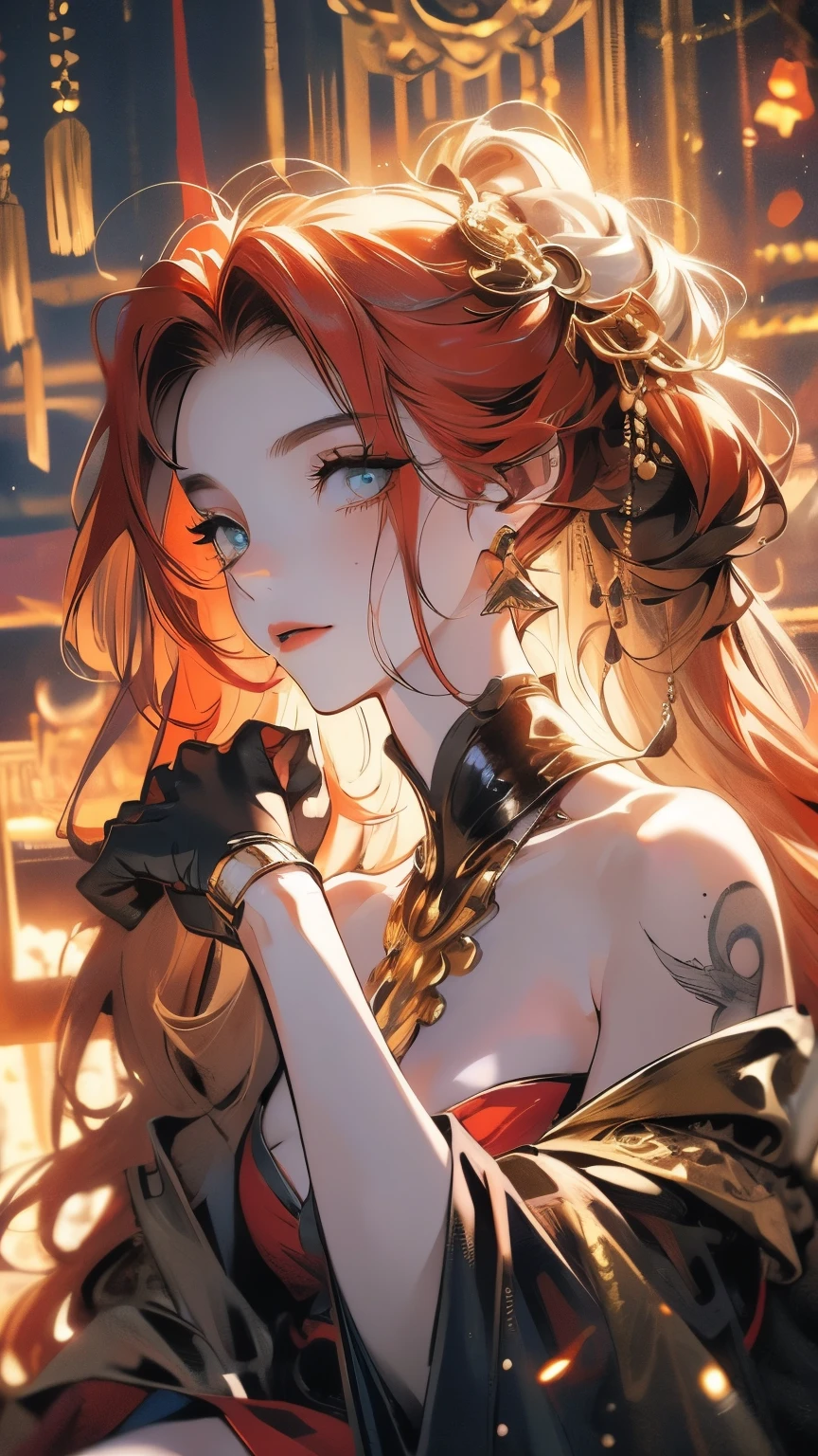 Close-up portrait of a young woman with flowing red glowing hair, sitting in a dark, damp cave. She is actively combing her long tresses with a tiny, ornate golden comb held prominently in her hand. Her expression is melancholic as she grooms herself, surrounded by rough cave walls. Dramatic chiaroscuro lighting emphasizes her golden hair against the shadowy background. Detailed black and white ink drawing style, focusing on the contrast between the delicate comb, soft hair, and rugged cave setting. black and white drawing