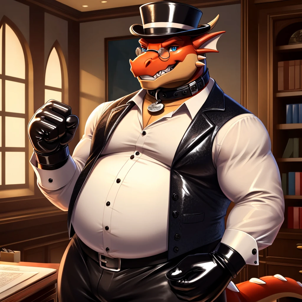 Solo, Male, fat, extremely obese, gentleman, dapper Professor Dragon, mob boss, blue eyes, (posing:1.3), (soft shading), 4k, hi res, ((detailed face, detailed)), looking at viewer, mouth wide open, dapper clothing, collared shirt with buttons, bowler hat, male focus, Explorer Outfit, glasses, monocle, vest with buttons, sleeves rolled up, round eyewear, brown headwear, brown vest, office, Dragon is wearing a glossy leather dog collar around the neck, Dragon is wearing the leather collar and shirt and vest at the same time, Dragon is wearing glossy white rubber gloves on the hands, wearing white rubber gloves on the feet, gloves are rubber in texture, clenching teeth, clenching fists, leather collar is glossy and shiny with a lot of detail, Dragon is wearing gloves and leather collar at the same time, leather collar has a round dog-tag, leather collar is thick and detailed, leather collar is glossy and shiny, fancy clothing, dapper vest, dapper shirt, leather collar is thick, glossy leather collar.