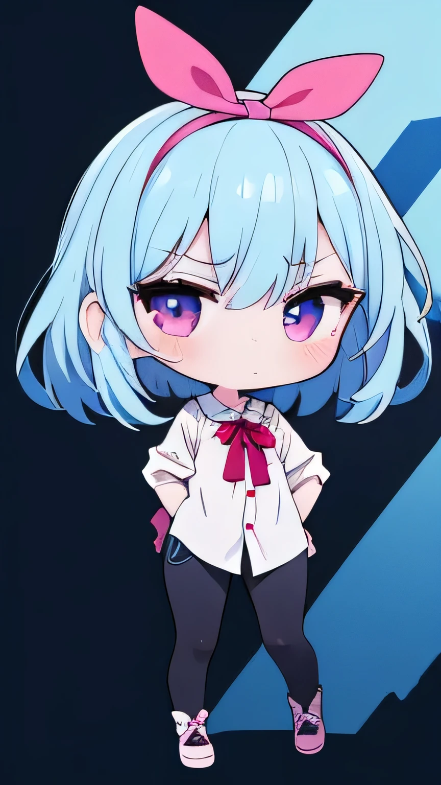 plastican00d、Chibi、masterpiece、top-quality、masuter piece、(Elaborate beautiful eyes and detailed face,masterpiece sidelighting,masterpiece,best qualtiy,detaileds,high-resolution illustrations), (1 girl in,full body Esbian,a beauty girl,Glossy skin,looking-down,Look at the viewer), (sky blue hair,Pink eyes,falda corta,bow ribbon,scowl ,Button shirt)、negative space:1.2