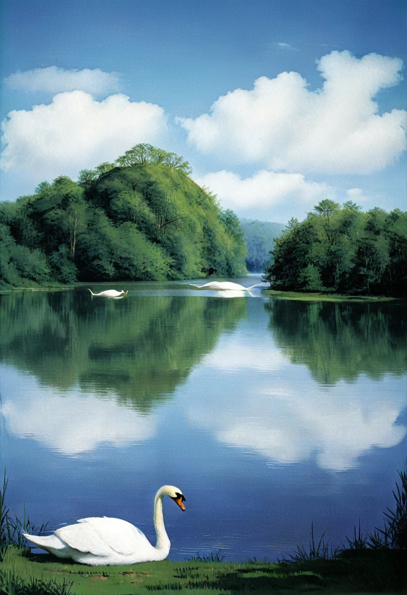 a giant white swan on a lake, beautiful landscape