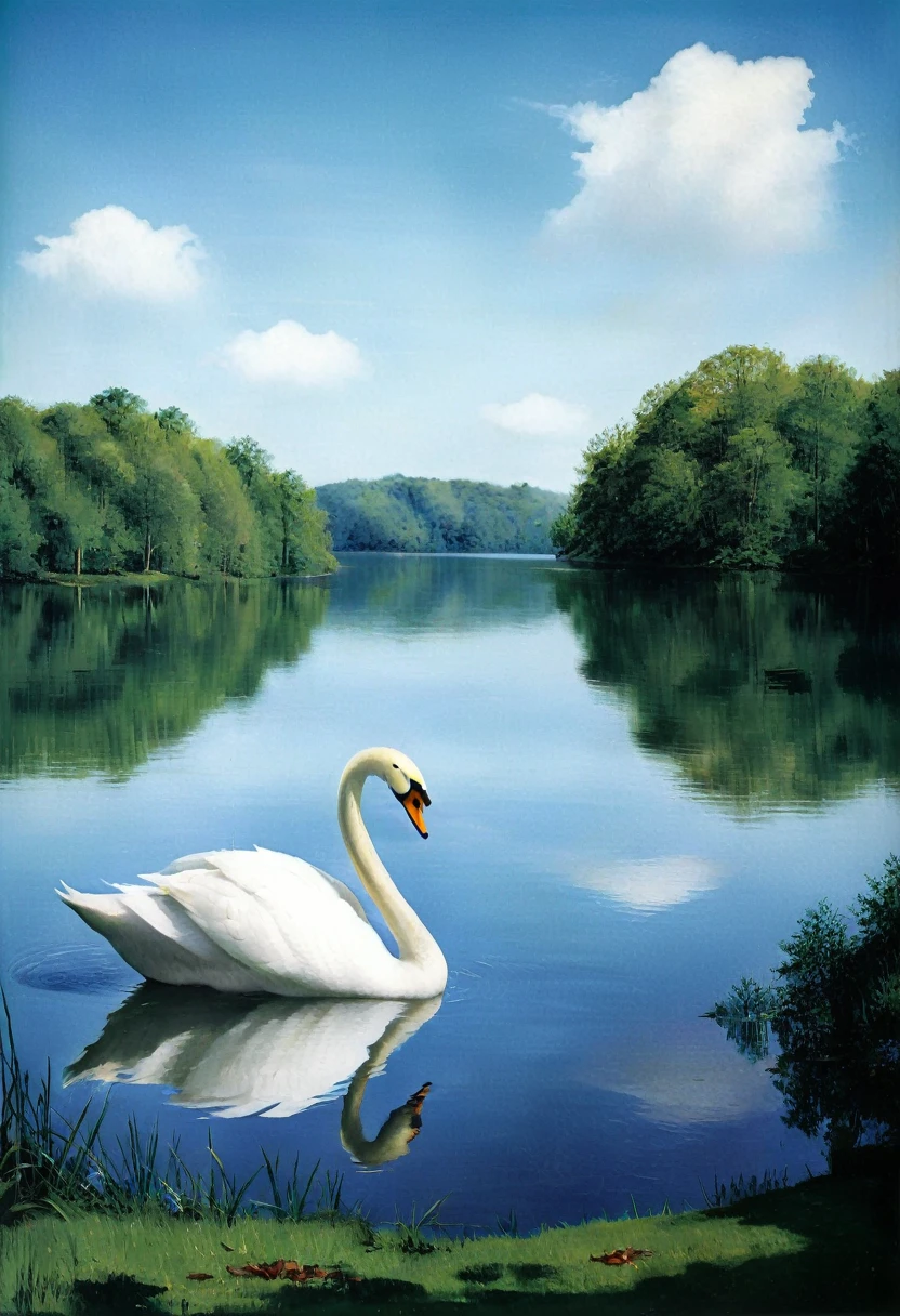 a giant white swan on a lake, beautiful landscape