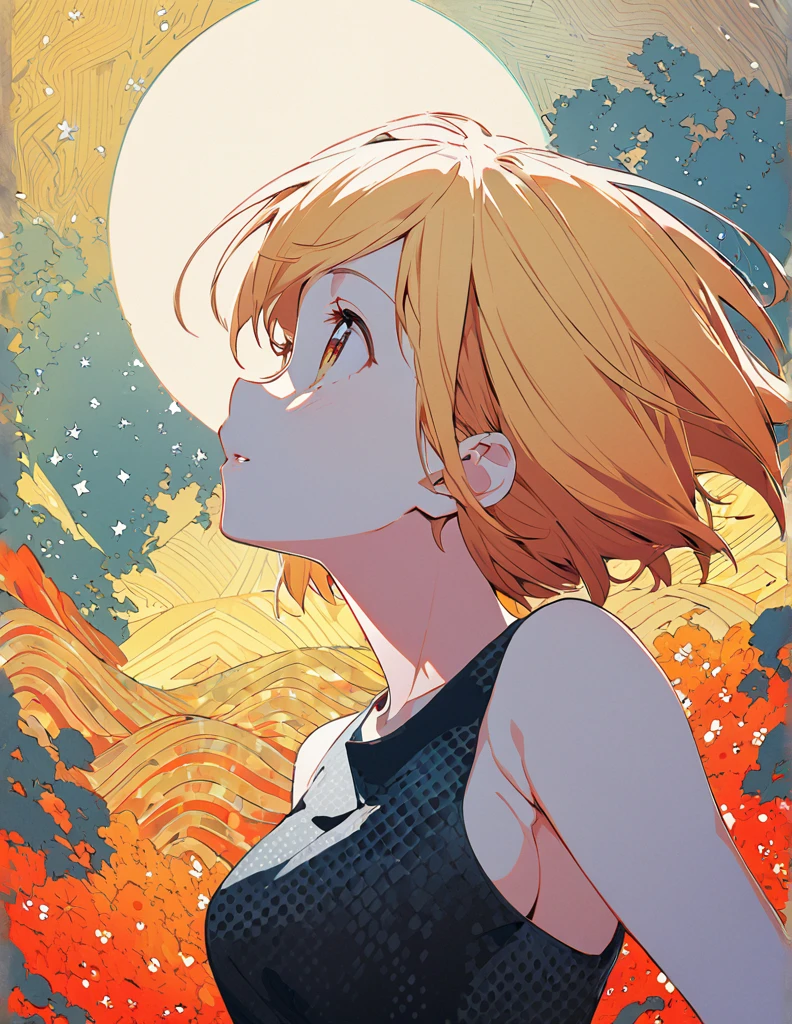Profile of a cheerful blonde short-haired girl, side boob exposed Screentone processing Looking up at the moon Shaded painting style Abstract Painting