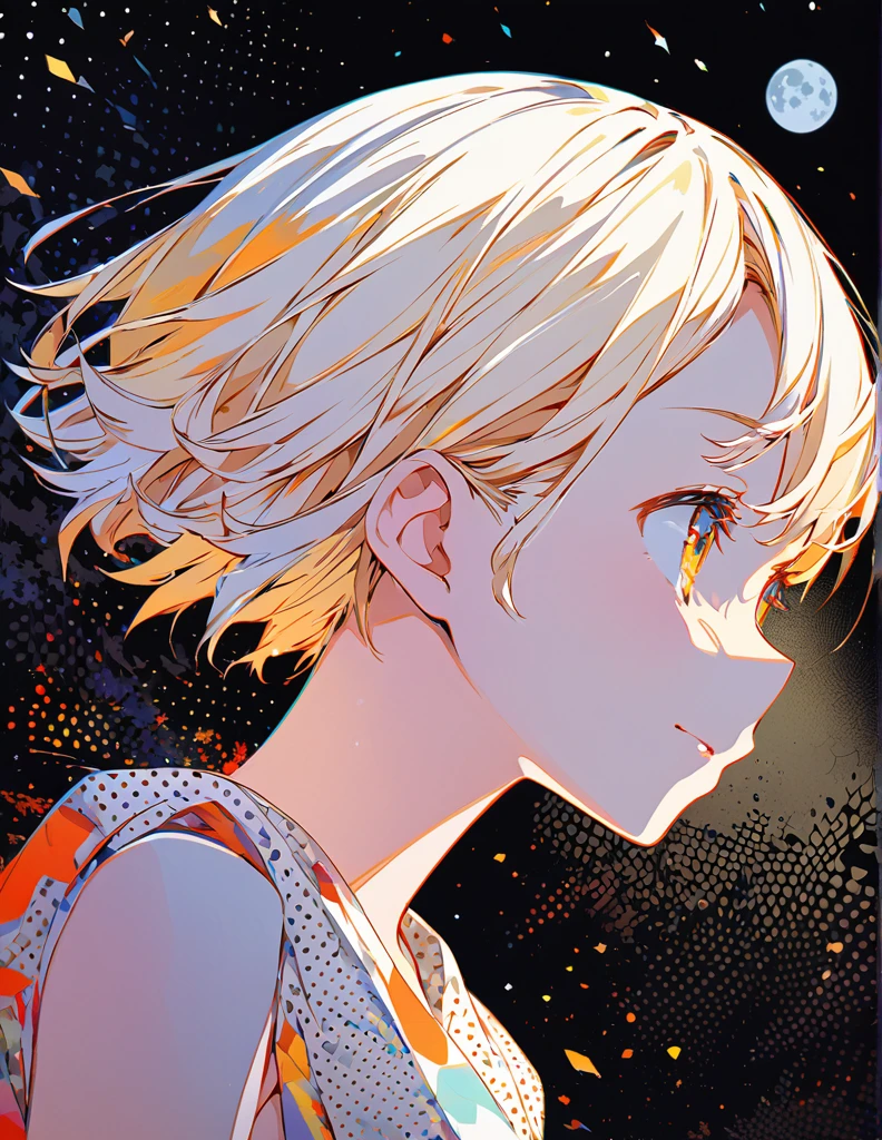 Profile of a cheerful blonde short-haired girl, side boob exposed Screentone processing Looking up at the moon Shaded painting style Abstract Painting