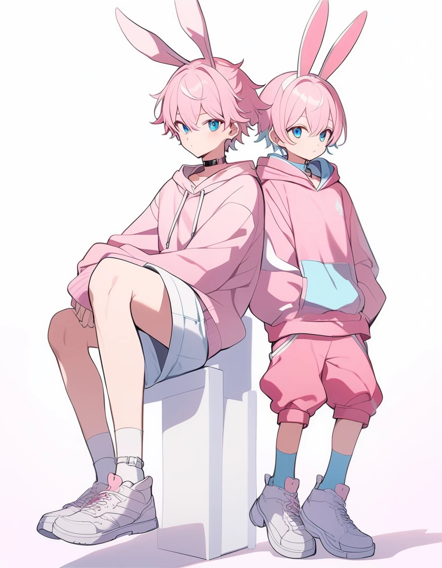 pink hair, boy, , rabbit ears, pink hoodie, blue eyes, choker, white shoes