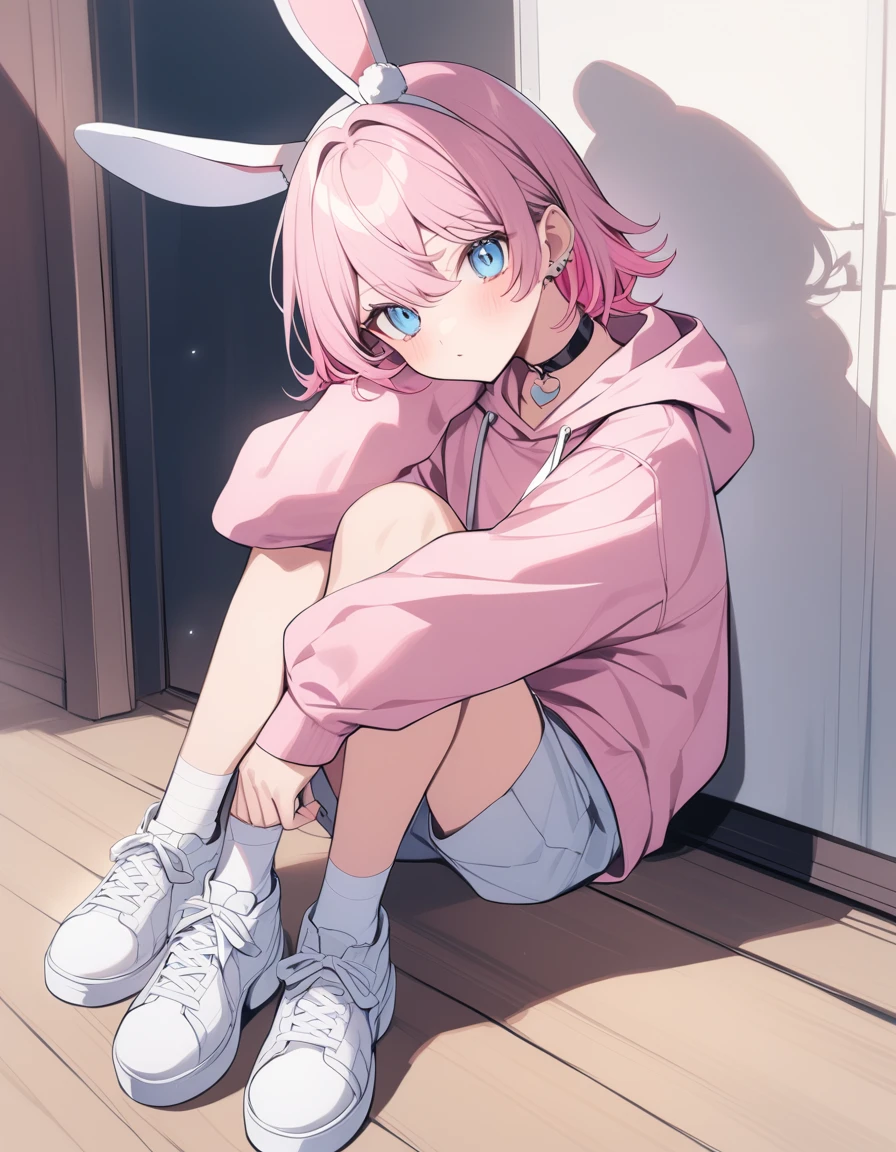 pink hair, boy, , rabbit ears, pink hoodie, blue eyes, choker, white shoes