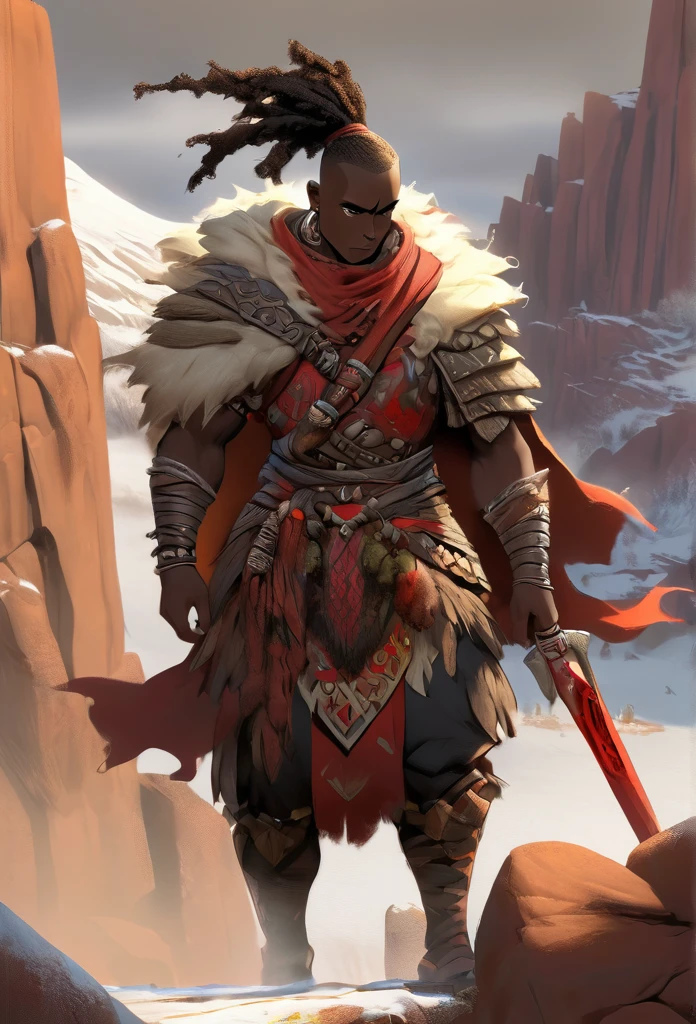 Ultra Realistic, Highly Defined Details, Snowy Mountain Range, Shadowy Distant Back Drop, Bones Liter The Ground, Shandy Color Shading Capturing the Mode, Young Adult African Male Villager, Cliff Side View Of the Valley Below, Piercing Gaze, Serious Sharp Facial Features, Fit Athletic Muscular Physique, Bone Mail Armor, Peaces of tribal decorations tied to armbands, Bone chest plate armor, Lightly armored belt buckle dagger in a sheath, Bone carved Hilt, Long Curved Sword, wrapped in crimson decorated cloth Worn On the Back, Dark Torn Crimson Cloak, Distant Shot Full Body View, Waling against Wind, Windy Sean Leaves Blowing, Bones in the snow, jagged rocks and slopes, Bones in the snow, skeletons liter the ground in the snow, Bones on the ground