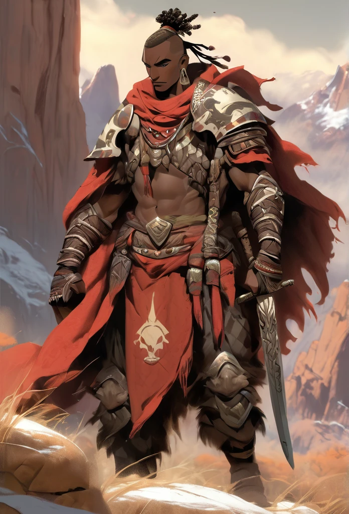 Ultra Realistic, Highly Defined Details, Snowy Mountain Range, Shadowy Distant Back Drop, Bones Liter The Ground, Shandy Color Shading Capturing the Mode, Young Adult African Male Villager, Cliff Side View Of the Valley Below, Piercing Gaze, Serious Sharp Facial Features, Fit Athletic Muscular Physique, Bone Mail Armor, Peaces of tribal decorations tied to armbands, Bone chest plate armor, Lightly armored belt buckle dagger in a sheath, Bone carved Hilt, Long Curved Sword, wrapped in crimson decorated cloth Worn On the Back, Dark Torn Crimson Cloak, Distant Shot Full Body View, Waling against Wind, Windy Sean Leaves Blowing, Bones in the snow, jagged rocks and slopes, Bones in the snow, skeletons liter the ground in the snow, Bones on the ground