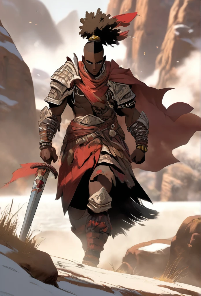 Ultra Realistic, Highly Defined Details, Rose flower, Snowy Mountain Range, Shadowy Distant Back Drop, Bones Liter The Ground, Shandy Color Shading Capturing the Mode, Young Adult African Male Villager, holding a Rose Flower, On Top Of Tall Mountain, Piercing Gaze, Serious Sharp Facial Features, Fit Athletic Muscular Physique, Bone Mail Armor, Peaces of tribal decorations tied to armbands, Bone chest plate armor, Lightly armored belt buckle dagger and in a sheath, Bone carved Hilt and Sword, wrapped in crimson decorated cloth Worn On the Back, Dark Crimson Cloak, Distant Shot Full Body View, Holding a Flaming Rose, Snowy Day, Snowy Mountain, Snow on the Ground, A lot of Snow, Tribal Village, Distance Shot, Distant Angle,
