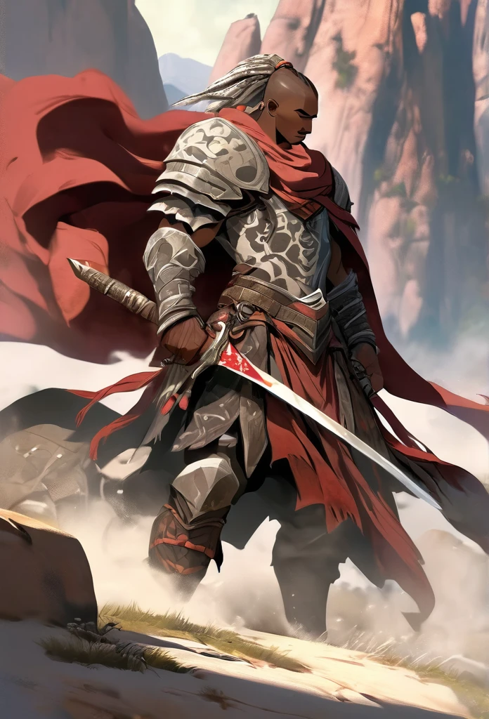 Ultra Realistic, Highly Defined Details, Snowy Mountain Range, Shadowy Distant Back Drop, Bones Liter The Ground, Shandy Color Shading Capturing the Mode, Young Adult African Male Villager, Cliff Side View Of the Valley Below, Piercing Gaze, Serious Sharp Facial Features, Fit Athletic Muscular Physique, Bone Mail Armor, Peaces of tribal decorations tied to armbands, Bone chest plate armor, Lightly armored belt buckle dagger in a sheath, Bone carved Hilt, Long Curved Sword, wrapped in crimson decorated cloth Worn On the Back, Dark Torn Crimson Cloak, Distant Shot Full Body View, Waling against Wind, Windy Sean Leaves Blowing, Bones in the snow, jagged rocks and slopes, Bones in the snow, skeletons liter the ground in the snow, Bones on the ground