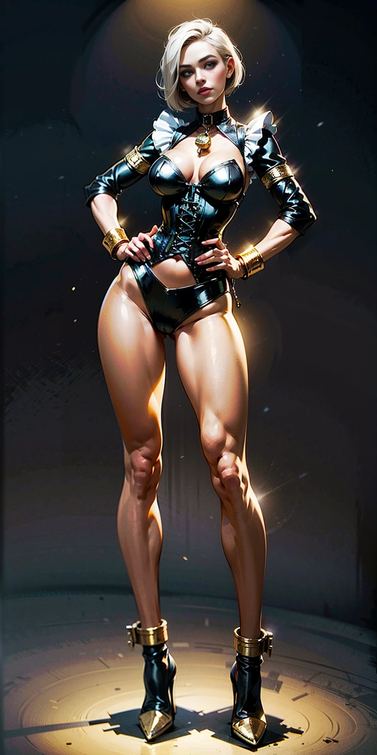 (Masterpiece, plain background:1.2) white short bob hair and skin, purple eyes, thin legs, thin body, leather corset and leather collar choker with golden neck bell, shackles wristbands bracers bracelets sleeves, bikini maid outfit, 1MILFWOMAN  full body standing symmetrical with both hands on hips, wide hips, view from below
