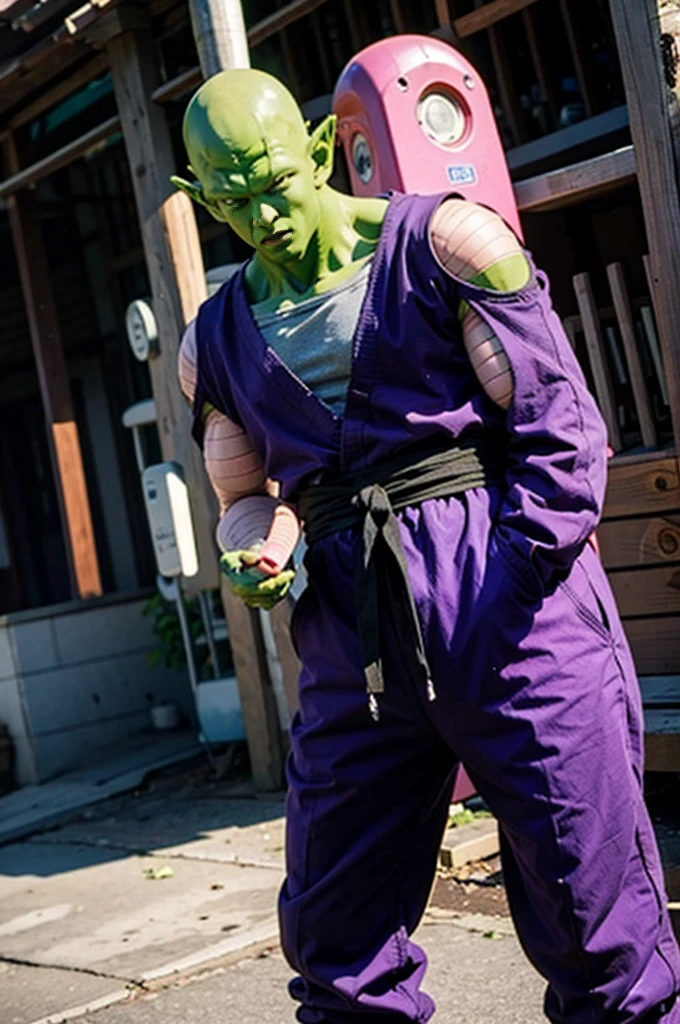 masterpiece, best quality, realistic, photorealistic, 8k, piccolo, 1boy, male focus, solo, standing, pointy ears, (purple dougi), green skin, oni horns, purple pants, closed mouth, looking at viewer, ((bald)), arms at sides, pink patches, black eyes, blue sash, deep and dark background.