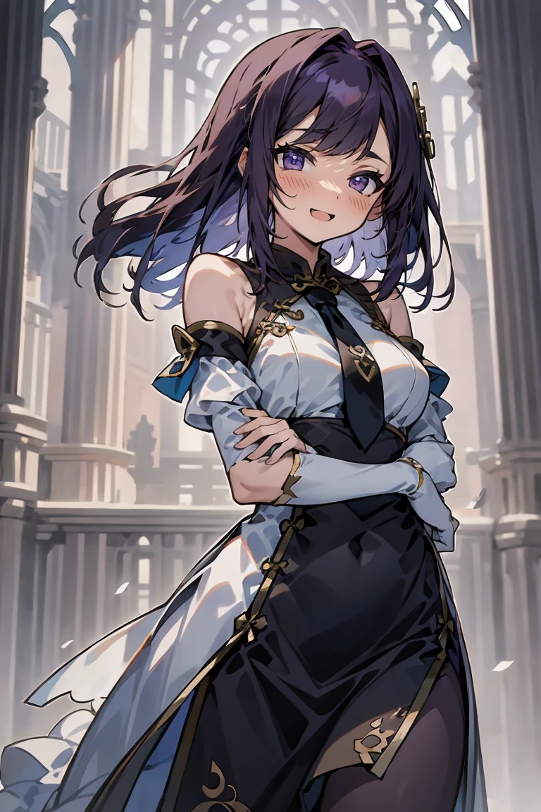 (masterpiece:1.2), (high quality:1.2), reo mikage, blue lock, girls with((1girl, solo, purple hair, (medium hair, right swept bangs, one side up:1.55), bare shoulder, blush, breasts, choker, cleavage, cowboy shot, collar, collarbone, rosary, cross, white clothes, blouse, white dress, sleeveless, collared shirt, necktie, (black sleeves, arm wears, elbow armwarmers, black cheongsam:1.2), cinderella dress, long dress, frilled panniers, (open dress:1.34), leggings)), background with((fantasy world, ruin, castle, beautiful sky, shining sky, sunshine:1.35))