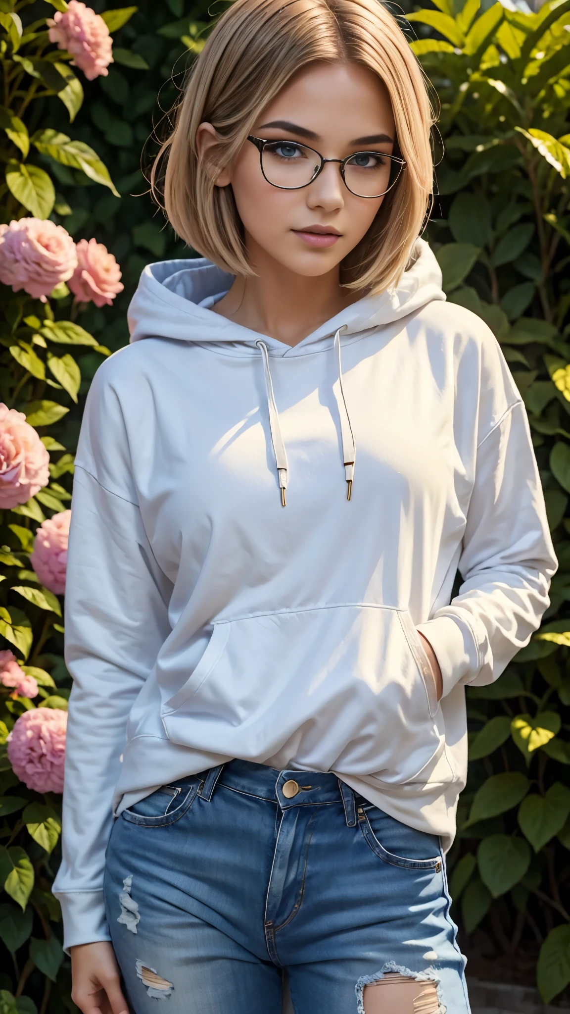 Sexy and very beautiful cute face、shiny beautiful skin、White beautiful skin、Beautiful pale light blue eyes, Beautiful very long blonde hair、(Blonde hair:1.3)、Sexy swaying bangs、18 years old cute little face beautiful girl、Long hoodie with hood、(Long white hoodie with hood:1.2)、Casual pants、(dynamicposes:1.4)、