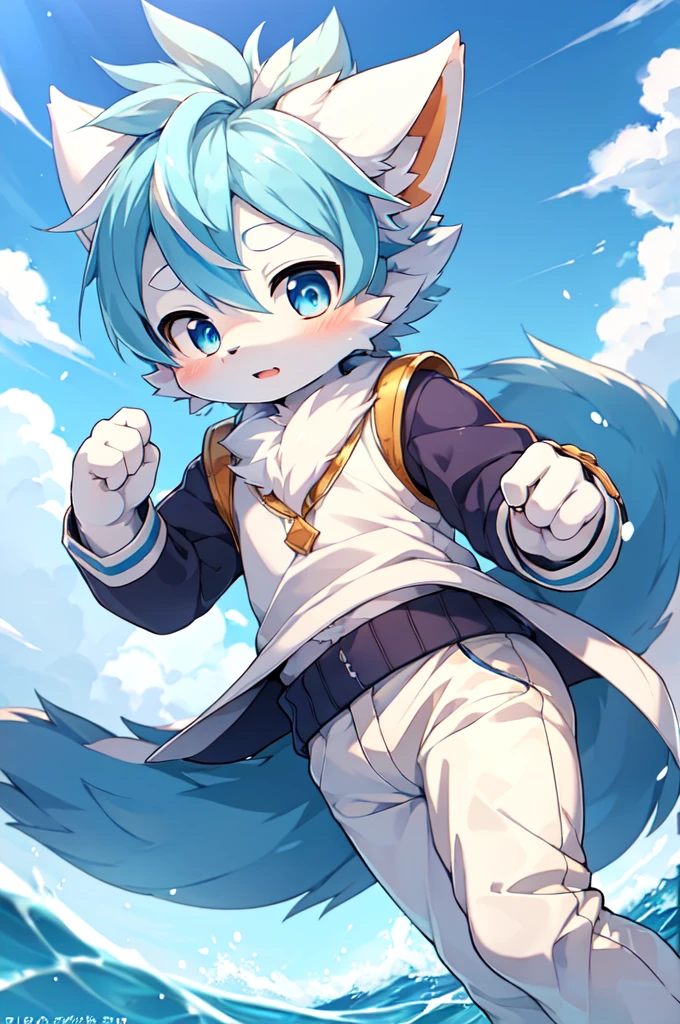 solo,boy,cute face,white fur,white shirt,white jacket,open button jacket,right eye close,blue eyes,white tail,white hair,flying balls,blue background