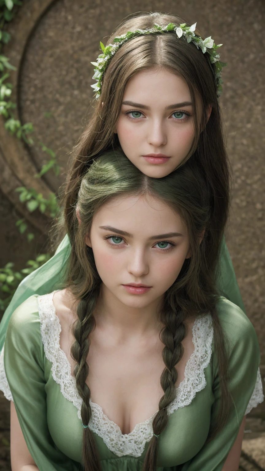 a girl. face sent feeling. Europe. Oval face. long face. delicate facial features. seductively seductive. Beautifully detailed eyes. green eyes. long straight hair. side braid. green hair. wreath on head. big breasts. big awl. sad. shy. green silk nightgown. shy sitting posture. straight face. outdoor