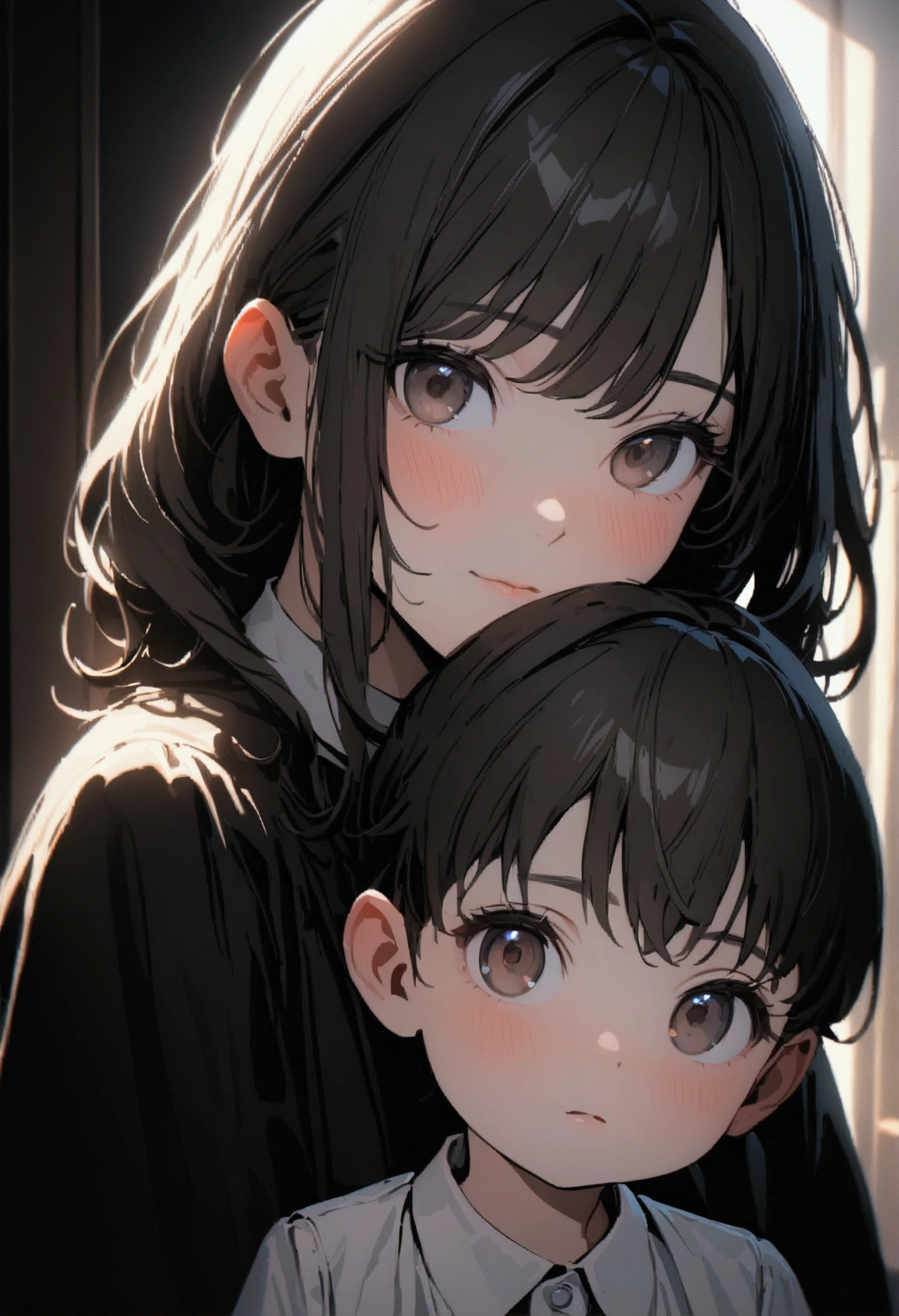 Family portrait of two children, a girl and a boy,Detailed characteristics,Dramatic lighting,Super detailed,8k,High resolution,Highest quality,masterpiece,Professional photos,Sharp focus,Dark Hair Color