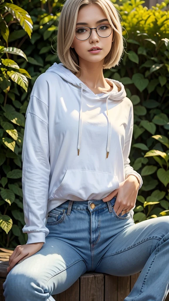 18 year old beautiful girl, masterpiece, best quality, 8K animation, detailed fingers, precise fingers, not unnatural hands, illustration, 1 girl, solo, blonde bob cut, gold crown, reading glasses, flower hair ornament, sagging eyes, ((white jeans)), and a hoodie YUI