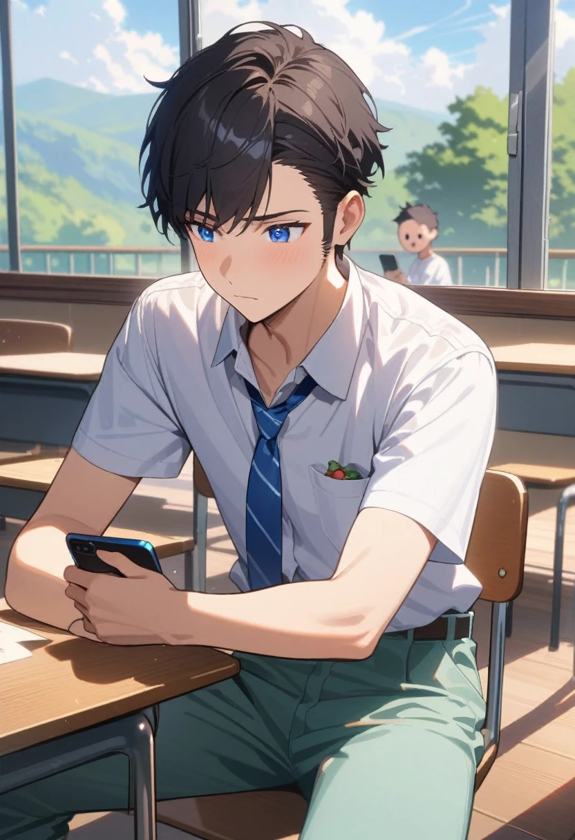 masterpiece, best quality, extremely detailed, ultra detailed, flat anime, 2D, ((1boy)),black hair, (short hair:1.5),blue eyes, height 1.7meters, (circle eyes:1.2), young adult, Ear-length sideburns,height 1.7meters, High School Uniforms, white shirt, blue tie, ((short sleeves)), ((long pants)), sitting, closed mouth, thinking, upper body, summer, classroom, 11AM,looking at his smart phone., Operating a smart phone, baby face, bangs, baby face