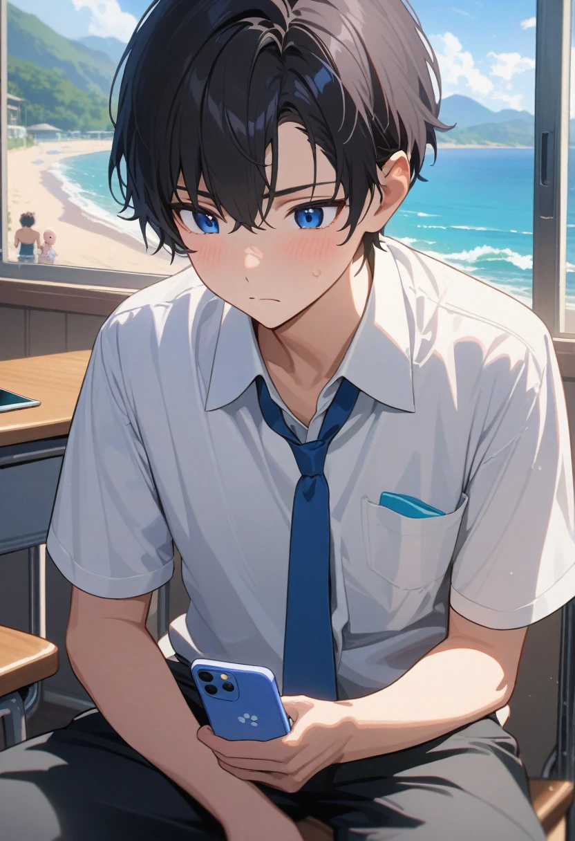 masterpiece, best quality, extremely detailed, ultra detailed, flat anime, 2D, ((1boy)),black hair, (short hair:1.5),blue eyes, height 1.7meters, (circle eyes:1.2), young adult, Ear-length sideburns,height 1.7meters, High School Uniforms, white shirt, blue tie, ((short sleeves)), ((long pants)), sitting, closed mouth, thinking, upper body, summer, classroom, 11AM,looking at his smart phone., Operating a smart phone, baby face, bangs, baby face