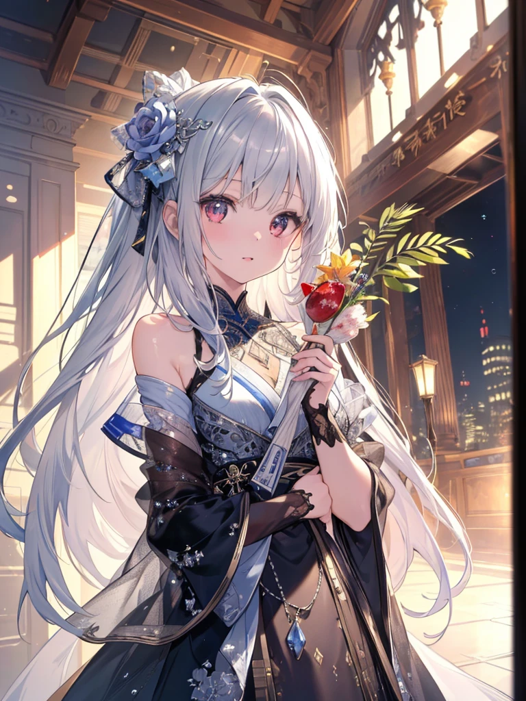 <lora:wada5-locon-u3e-4-t3e-4:1>,1girl ,architecture ,blue eyes ,blue flower ,bug ,building ,butterfly ,closed mouth ,cloud ,east asian architecture ,floral print ,flower ,hair flower ,hair ornament ,holding ,long hair ,looking at viewer ,mole ,mole under eye ,orange flower ,outdoors ,pink flower ,purple flower ,sky ,solo ,sunset ,vase ,water ,weather vane ,white hair ,yellow flower