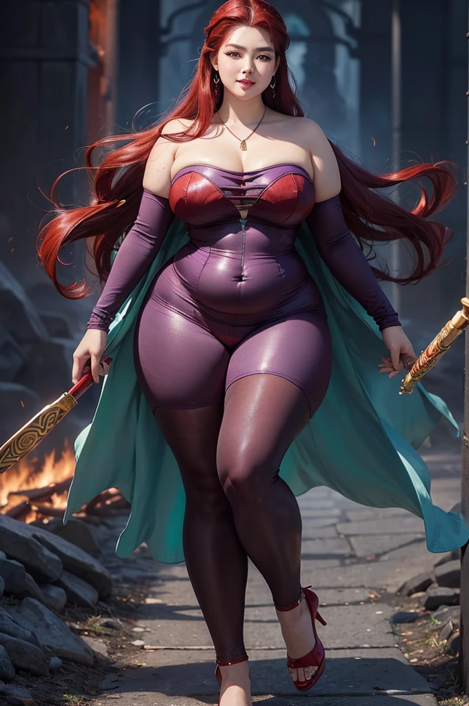 Masterpiece, Best Quality, Ultra HD, Highest Resolution, 32K Quality, Dynamic, (Obese: 1.2), (Super Curvy: 1.5), Korean Female, (Long Red Hair Slicked Back), Smiling, (Purple Mini Skirt Dress Bustier), (Strapless: 1.3), Teardrop Earrings and Necklace, Holding a Baton as Long as Her Height, Holding an Amulet, Purple High Heels, Full Body Shot, (Fire Background),