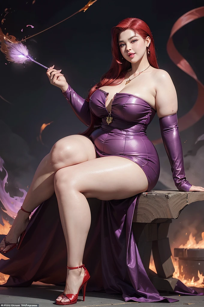 Masterpiece, Best Quality, Ultra HD, Highest Resolution, 32K Quality, Dynamic, (Super Fat:1.5), (Super Obese: 1.5), (Super Curvy: 1.5), Korean Female, Detailed Face, (Red Slicked Back Hair: 1.5), (Long Hair), (Fluttering Hair), (Smiling), Staring, (Purple Bodycon Suit), (Strapless: 1.3), Teardrop Earrings and Necklace, Holding a Height-Length Baton, Holding an Amulet, Purple High Heels, Full Body Shot, (Fire Background),