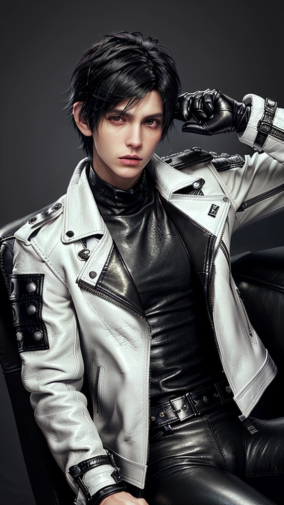 Final fantasy taste and reality graphics, ((Japanese young cute and cool ikemen  boy)), his age is early 20s, thin eyebrows and beady eyes,  ((he wearing off white color leather  thick and heavy material jacket)), ((jacket is single brest)), ((biker style jacket)), ((jacket is large size)),((with epaulet)), ((jacket is long sleeve)), ((zipped front of the leather jacket)), , ((voluminous leather jacket)), ,((must jacket is high length and stand-up collar)) ((jacket collar with two belts)), ((jacket is a little black color line pattern)), ((also wearing black thick material turtleneck lackluster shirts)),  ((tight black leather pants)),  ((put black leather tight and thin glove on both hands)), ((black leather glove)),((black leather knee-high raceup boots)),((must views  head-to-toe)),((must views whole body)), ,((Do not show skin from the neck down)),leather jacket leather glove and leather pants have few wrinkles, Avoid showing your innerwear,zip up jacket fastner.must put on a leather glove.
Boy is black hair.boy looks like fashion model.
Boy in the dim room.