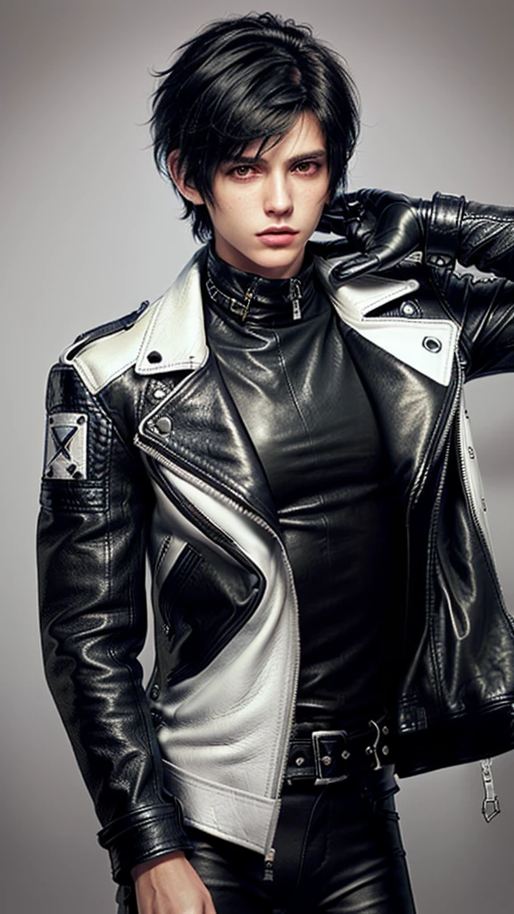 Final fantasy taste and reality graphics, ((Japanese young cute and cool ikemen  boy)), his age is early 20s, thin eyebrows and beady eyes,  ((he wearing off white color leather  thick and heavy material jacket)), ((jacket is single brest)), ((biker style jacket)), ((jacket is large size)),((with epaulet)), ((jacket is long sleeve)), ((zipped front of the leather jacket)), , ((voluminous leather jacket)), ,((must jacket is high length and stand-up collar)) ((jacket collar with two belts)), ((jacket is a little black color line pattern)), ((also wearing black thick material turtleneck lackluster shirts)),  ((tight black leather pants)),  ((put black leather tight and thin glove on both hands)), ((black leather glove)),((black leather knee-high raceup boots)),((must views  head-to-toe)),((must views whole body)), ,((Do not show skin from the neck down)),leather jacket leather glove and leather pants have few wrinkles, Avoid showing your innerwear,zip up jacket fastner.must put on a leather glove.
Boy is black hair.boy looks like fashion model.
Boy in the dim room.