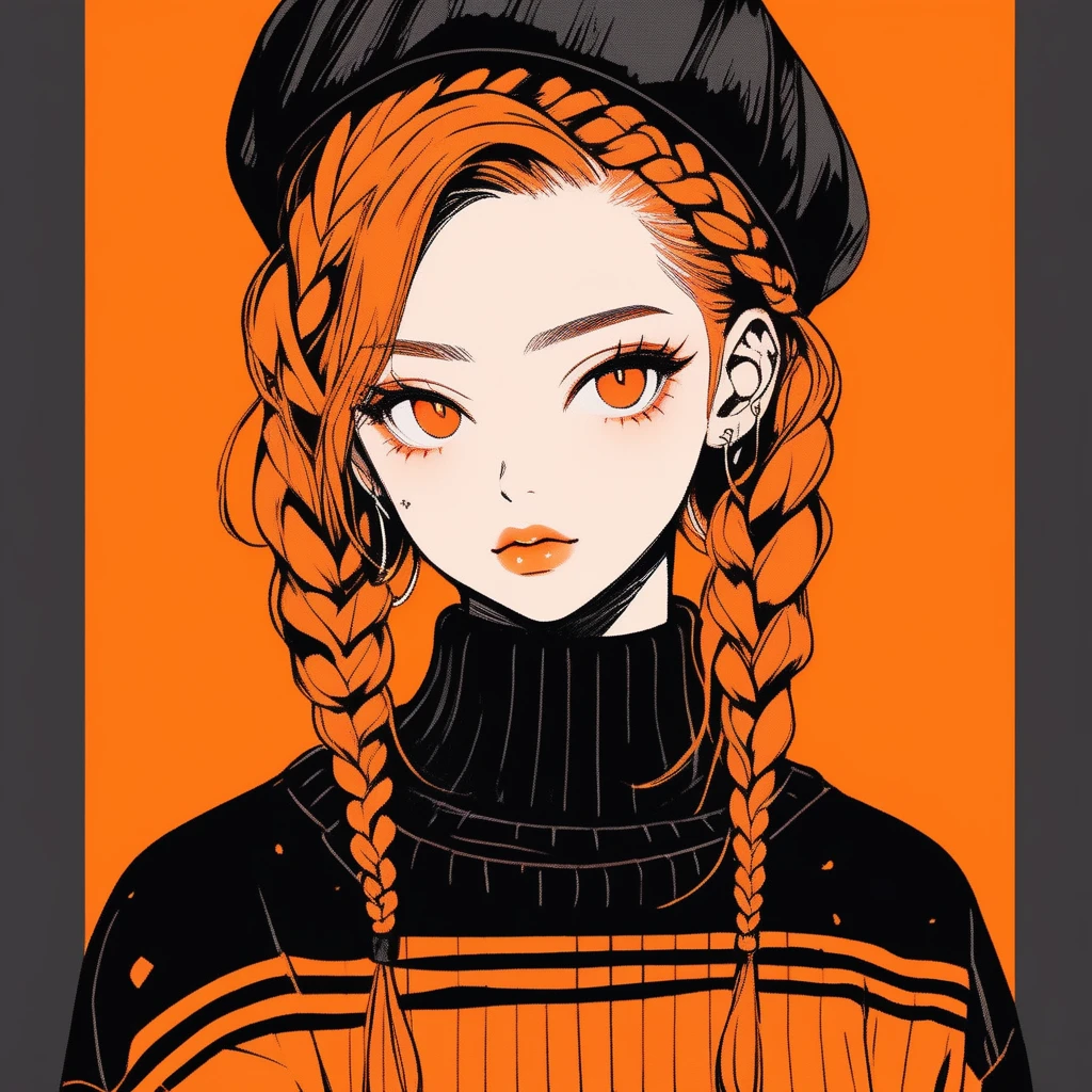 (Highest quality, sketch:1.2),Realistic,Illustrator,anime,1 girl, Detailed lips,sweater,custom,Orange gradient background, Neon Hair, Braid, Texture Cropping, masterpiece, Style: Retro Classic, Dark Black 