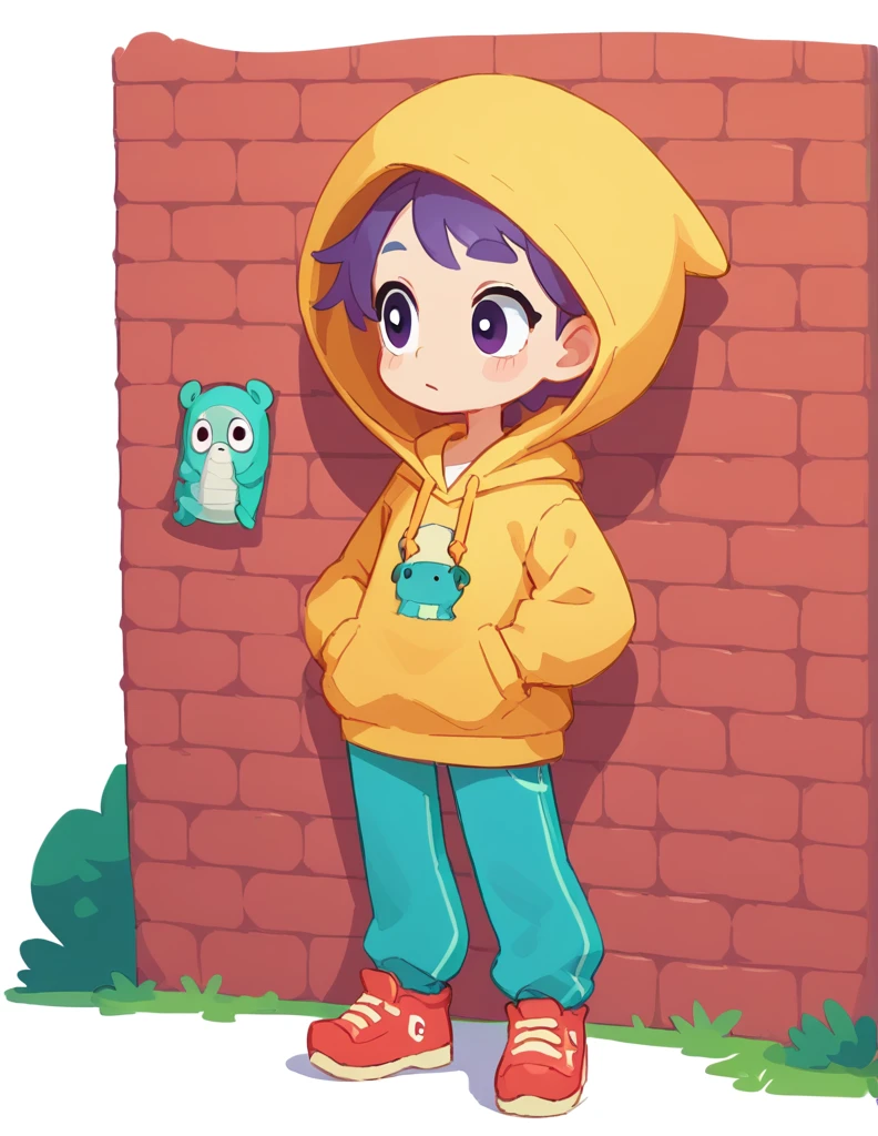 The Q version of the cute human, spying behind a wall, sirprised expresión, cute, white background, hoodie, full body