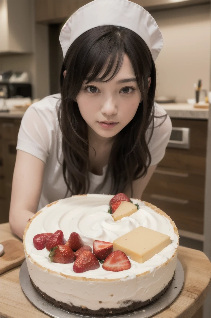 Highest quality, Ultra-high resolution, 8k, RAW Photos ,pretty girl, Low ponytail hair、((Mouth mask))、Japanese, alone, (((Completely naked、Lift one leg、Leg spread、Showing off pussy、Expanding the pussy、expand the uterus、Wet pussy、pubic hair))、((semen dripping from pussy、Receive with dessert)))、flat nipples、Small breasts、In the kitchen、Perfect Anatomy、Close up pussy
