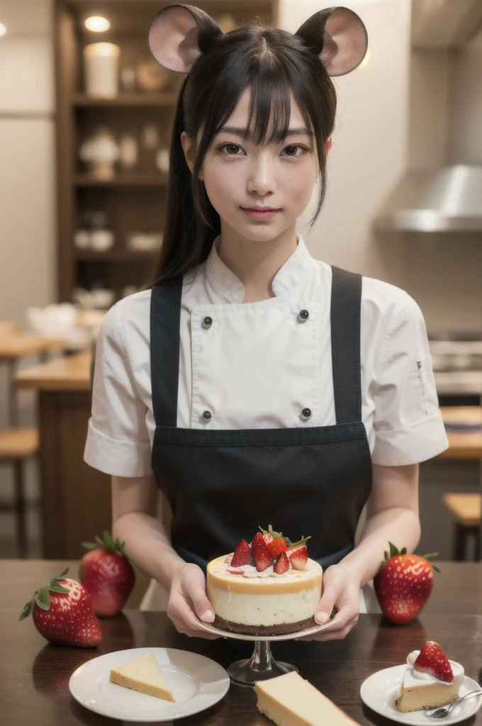 chibi, perfect-composition, Perfect pictorial composition, Creative poster, Cute, (mouse dressed as a chief), (mouse as chef), (Decorating a Really Delicious Cheesecake), (Cream cheese cake with strawberries), (messy table), (There are pieces of cheese scattered around.), (Best Quality:1.2), (Ultra-detailed), (Photorealistic:1.37), (HDR), (Vivid colors), (portrait of a), (Warm and bright color tones), (Soft diffuse lighting), food , niji style, long hair