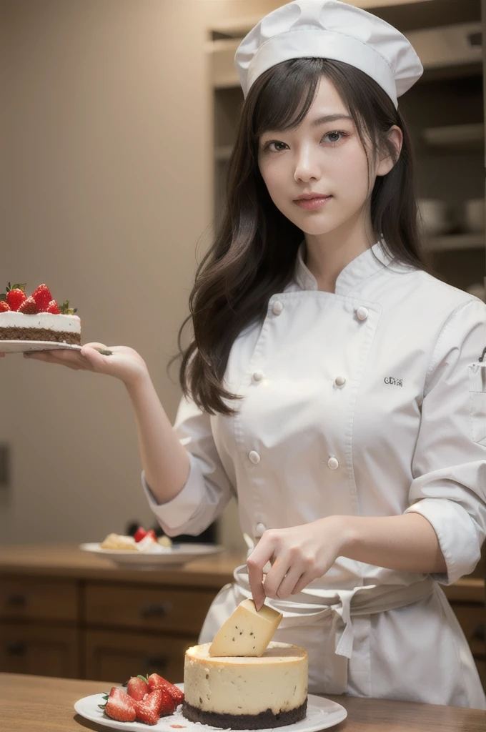 chibi,  perfect-composition,  Perfect pictorial composition,  Creative poster,  Cute,  (mouse dressed as a chief),  (mouse as chef),  (Decorating a Really Delicious Cheesecake),  (Cream cheese cake with strawberries),  (messy table),  (There are pieces of cheese scattered around.),  (Best Quality:1.2),  (Ultra-detailed),  (Photorealistic:1.37),  (HDR),  (Vivid colors),  (portrait of a),  (Warm and bright color tones),  (Soft diffuse lighting), food , niji style, long hair