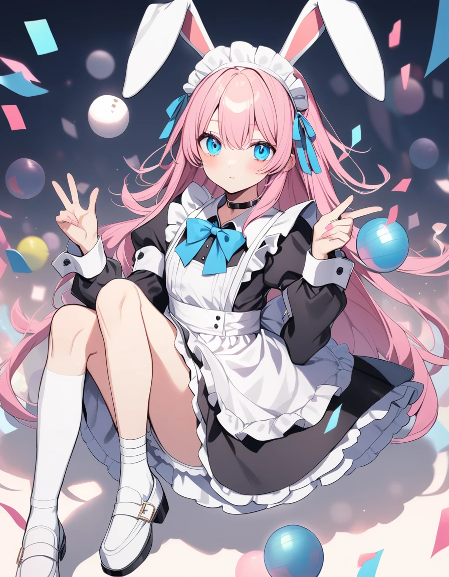 pink hair, boy, , rabbit ears, maid outfit, blue eyes, choker, white shoes