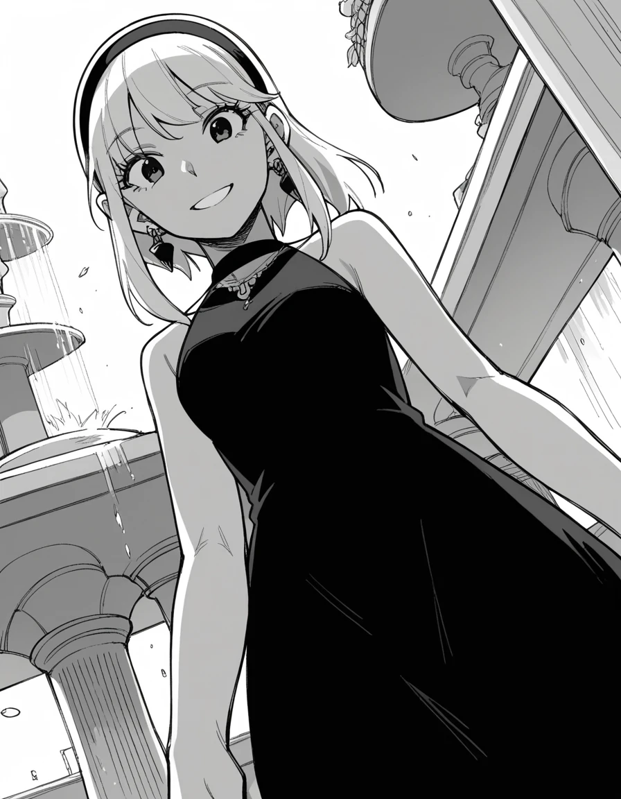score_9, score_8_above, score_7_above, fountain_cheered up,
Yorbriar, your heather, black fur, earrings, white hair band, hair band, by the wide, side locks, monochrome, grayscale,
dress, neckline, bare shoulders, jewelry, clavicle, sleeveless, black dress, halter neck, sale, white sale, smile,
looking at the viewer, cowboy shot, dutch angle, Alone, Whole body, thighs, crotch shot, low angle, bewitching thighs