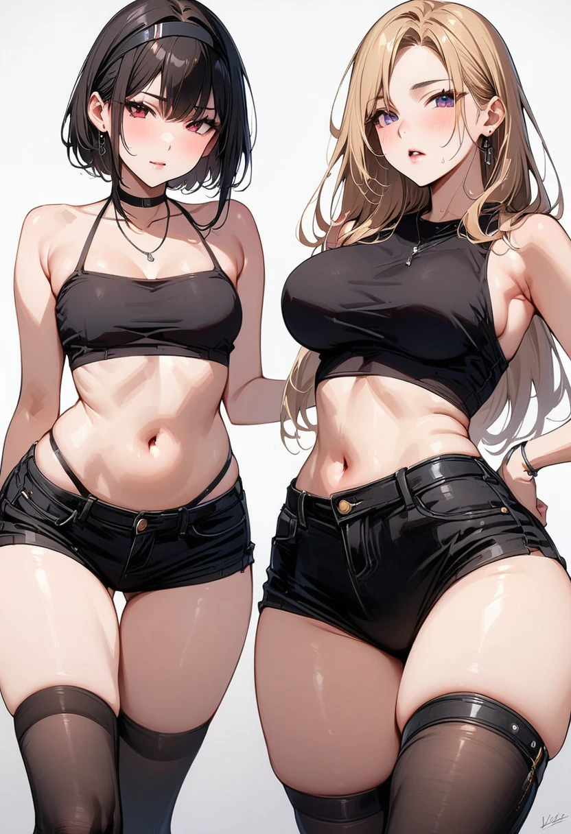 (masterpiece, Highest quality:1.2), Two Women。,One of the women has long blonde hair..、18-year-old、head band、Light brown skin、Large Breasts、thinウエスト、Big Ass、Tight mini skirt、Black off-shoulder tank top。,The other woman is short., Black Hair.、18-year-old、thin、Small breasts、thinウエスト、Big Ass、Damaged Mini Hot Pants、Belly button、Tube top。