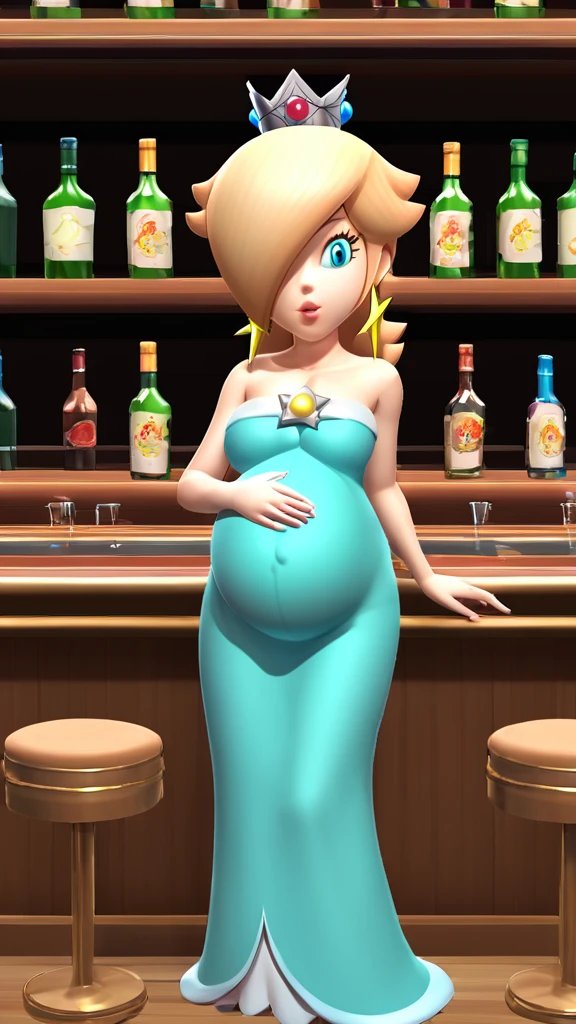 score_9, score_8_up, 1girl, solo, rosalina, style parody, thick outlines, blue dress, sleeveless, strapless, cleavage, indoors, bar, pregnant 
