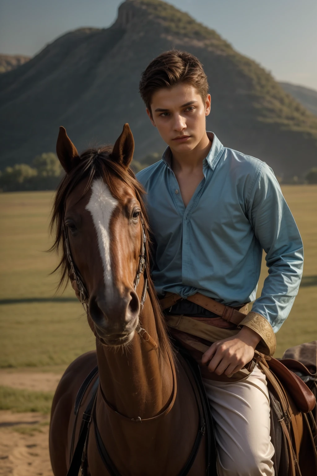 A young male twink, 18 years old, with a cute, angelic face, with makeup and black hair, wearing a medieval shirt with ties, a v-neck, and long sleeves, aquamarine in color, and white medieval pants. He is on the battlefield, riding on a horse, with a burning fire behind him.  He looks angrily as if the horse is galloping